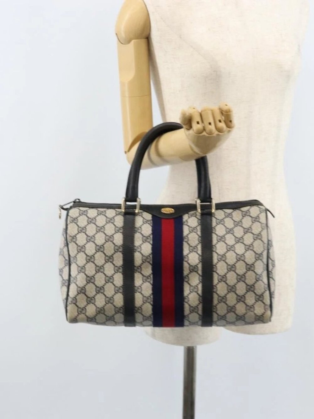 GUCCI GG Supreme Sherry Line Hand Bag PVC Navy Gold Red 012 3842 58 Auth 173873